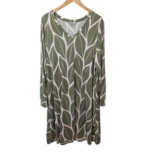 LuLaRoe Womens 2XL A Line Dress Cream Green Leaf Pattern Long Sleeves Pockets